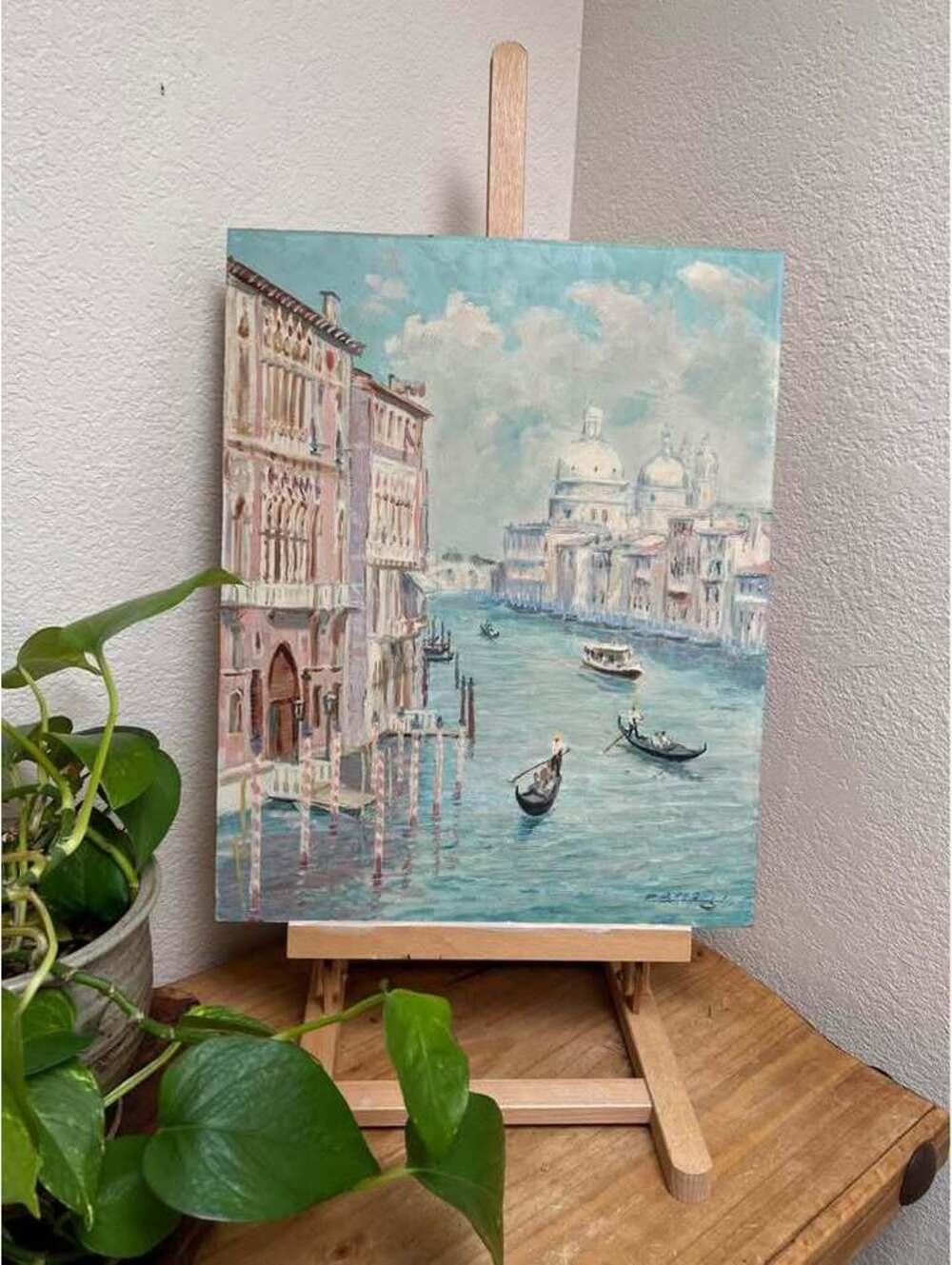 Original Impressionist Painting Pastel Venice Italy Canal Tabletop Easel Art